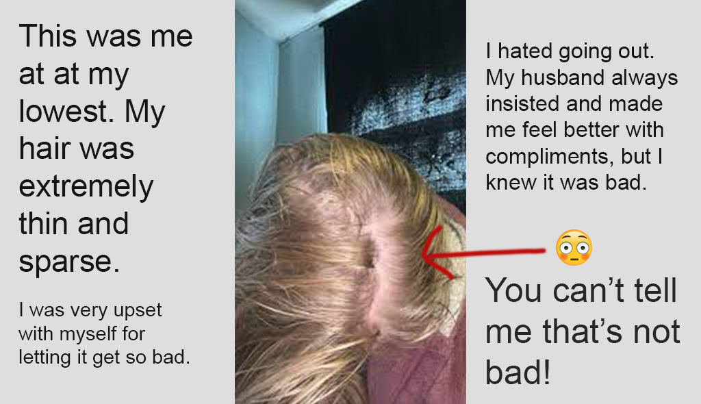 Woman looking at her hair in the mirror