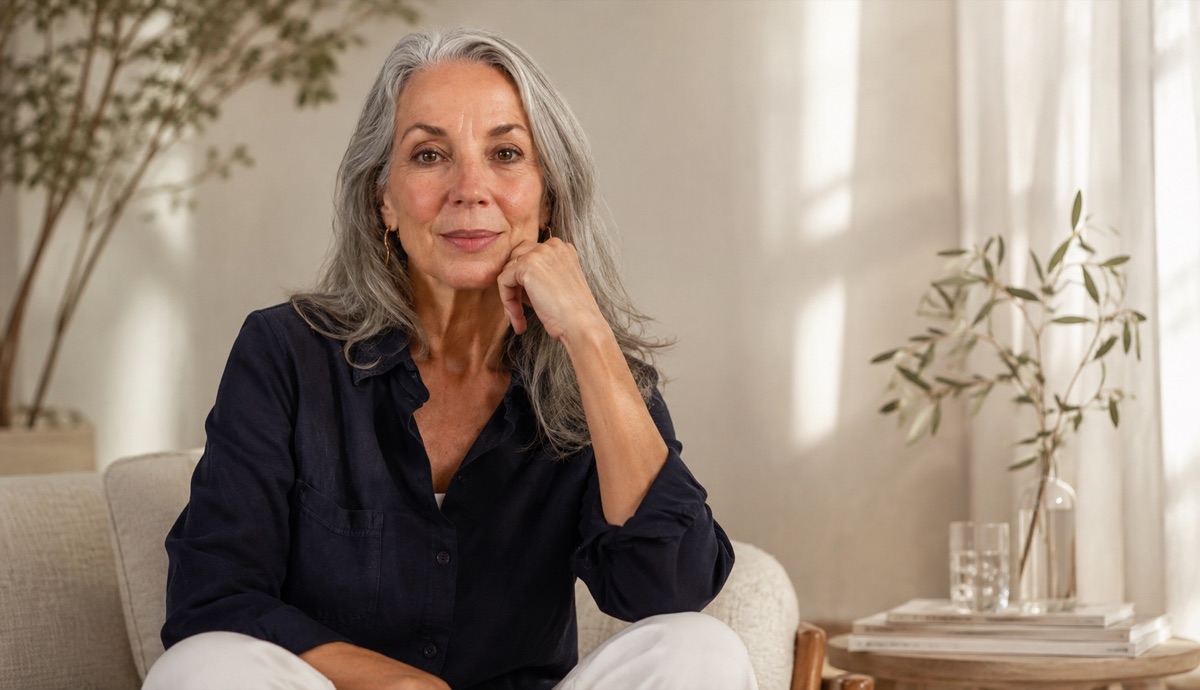 A woman with long grey hair sitting in a sunlit living room